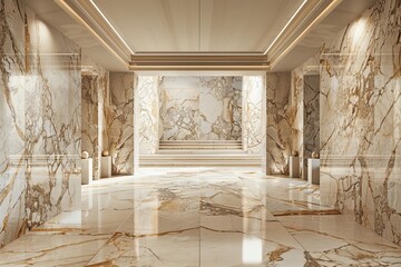 Poster - Modern luxurious hotel lobby with marble walls and floor, featuring a staircase leading to a bright backdrop