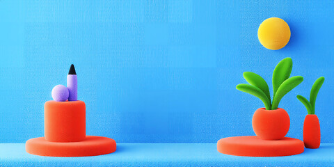 Poster - Orange platforms with plant and yellow circle against a blue background in studio shot scene