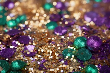 Poster - Glittering purple, green, and gold confetti creates a vibrant and festive background, perfect for mardi gras celebrations