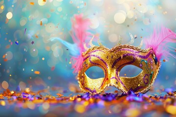Poster - Elegant venetian mask with pink and blue feathers surrounded by falling confetti on a sparkling background, celebrating carnival