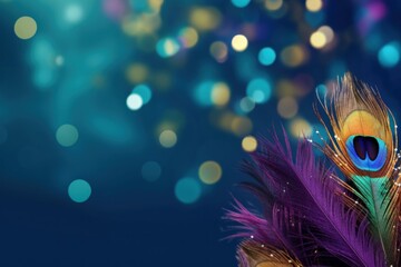 Poster - Carnival peacock feathers are shimmering against a vibrant teal bokeh background, celebrating festive atmosphere