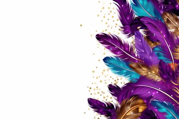 Poster - Vibrant illustration featuring colorful feathers and gold glitter, perfect for mardi gras celebrations and festive designs