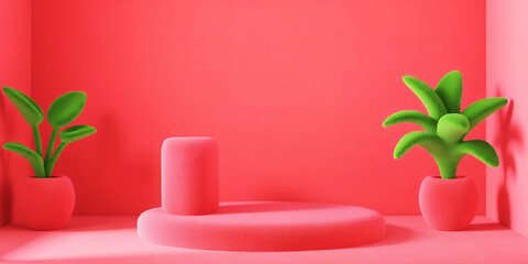 Poster - A vibrant pink studio setup featuring a platform, cylinder, and two potted green plants for display