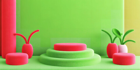 Poster - A vibrant studio setup featuring a three tier green platform with pink accents and plant decorations