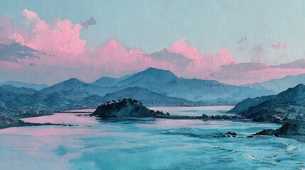 Wall Mural - a watercolor painting featuring a backdrop of majestic mountains with fluffy pink clouds over a sere