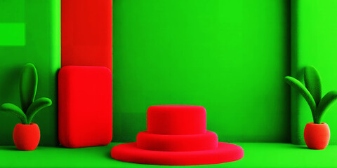 Poster - A vibrant green backdrop featuring red geometric shapes and two potted plants in a studio setting