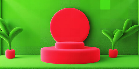 Poster - Red circular platform with plants on a green background for product display and presentation