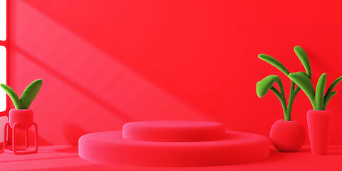 Poster - Red studio setup with two platforms and two plants in pots against a solid red background