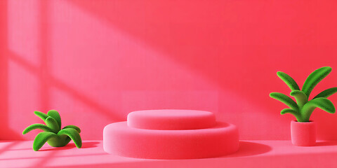 Poster - A pink studio setup with a two tiered platform and two plants in pots for product display