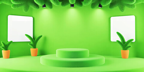 Poster - A vibrant green studio setup with podium, plants, frames, and overhead lighting displays a scene