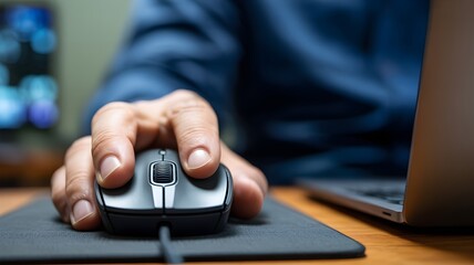 Focus shot of a hand operating a computer mouse, with the laptop visible in the background