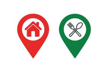 Poster - Mapping Home and Dining Locations Simple Red and Green Icons Graphic Symbols Identifying Destinations and Services for Daily Life