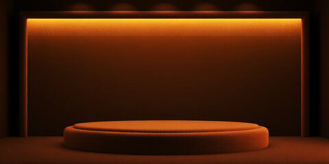 Poster - A warm toned stage with a circular platform against a dark backdrop with illuminated border