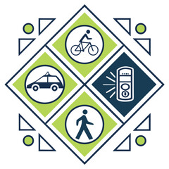 Poster - Abstract geometric illustration featuring icons representing transportation modes and traffic signals with modern aesthetic.