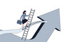 © Femke - Businesswoman climbing ladder to success on upward trend graph achieving corporate goals