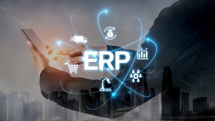 Poster - ERP platform visual showing centralized system for enterprise resource planning, improving integration, data flow, business efficiency, finance, inventory, and human resources. Muxer