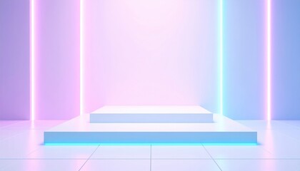 Aufkleber - Creative stage design with neon lights modern exhibition space digital art showcase futuristic environment aesthetic viewpoint visual concept