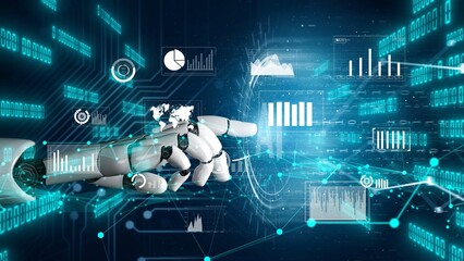 Poster - A highly detailed image showcasing a futuristic robotic hand engaging with vibrant digital graphs and data interfaces, illustrating the evolution of technology and analytics. Xenic