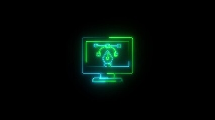 Neon computer with code and pen icon on black background for software development