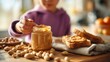 © AI_Vision - Cozy breakfast table with peanut butter toast and child holding peanut butter sandwich in a sunny kitchen