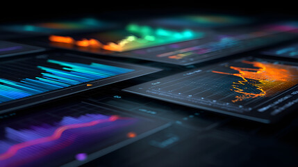 Poster - Futuristic screens showing colorful graphs and statistics in perspective