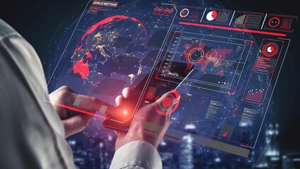 Poster - High-tech global network connection interface showing worldwide digital communication, data exchange, and internet connectivity. Global connection, data interaction, and worldwide communication. Thunk