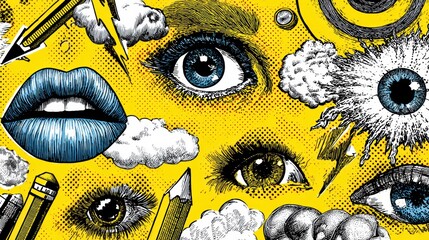 Poster - Vibrant Pop Art Collage Featuring Visuals of Lips, Eyes, Clouds, and Pencils With a Clear Central Gap for Creative Expression