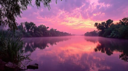 Wall Mural -   A waterway between tree lines, boasting a pastel sky with cloud formations overhead