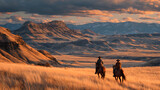 Two Cowgirls Riding Horses Into a Western Countryside Scene at Golden Sunset