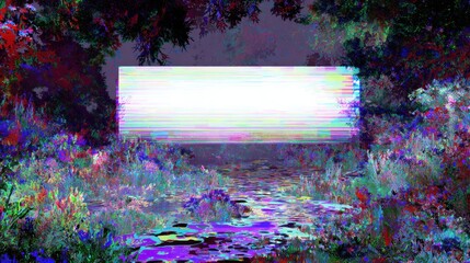 Poster - Floating Billboard With Glitch Effects in a Metaverse Environment Surrounded by Vibrant Flora and a Reflective Water Surface