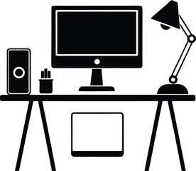 Poster - Desk with computer and lamp silhouette isolated on transparent background