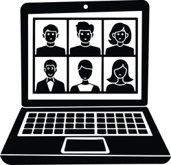 Poster - Laptop screen showing a video conference call with six people silhouette isolated on transparent background