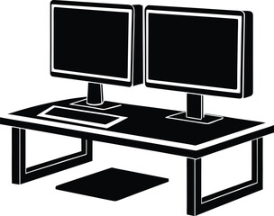 Poster - Dual computer monitors with keyboard and mouse silhouette isolated on transparent background