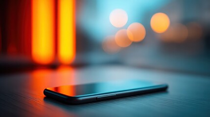Poster - A cell phone is sitting on a table with a blurry background
