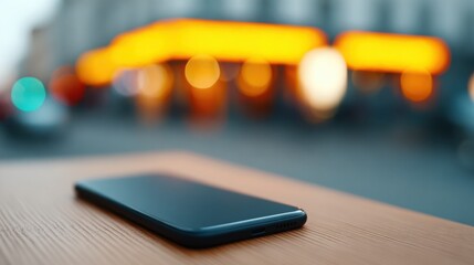 Poster - A black cell phone is sitting on a wooden table