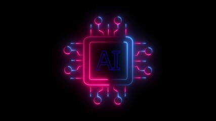 Wall Mural - abstract Glowing neon microchip ai icon isolated on black background. 4k motion graphic animation.A glowing neon blue ai chip icon symbolizes artificial intelligence technology on a black background.
