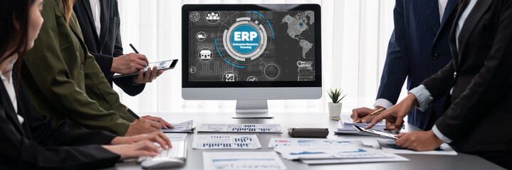 Poster - Panorama shot analyst team utilizing BI Fintech to analyze financial report with laptop. Businesspeople analyzing BI data dashboard displayed on laptop screen for business insight. Prodigy