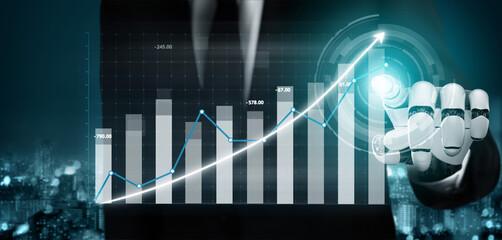 Poster - A business professional uses a robotic hand to interact with data visualizations in a modern office setting, highlighting growth and analysis. Impute