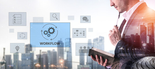 Poster - Workflow optimization concept featuring interconnected gears, task management, collaboration, process mapping, review, and automation for business productivity and efficiency Vouch