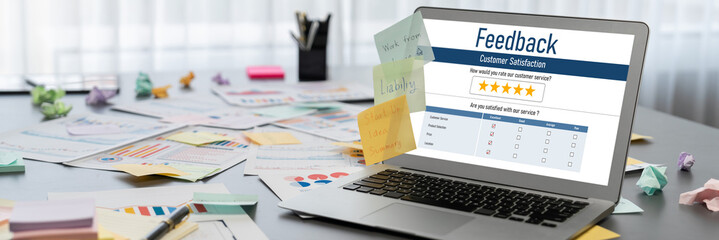 Poster - Sticky note for creative and analytic brainstorm for business idea with BI data dashboard on laptop screen. Analysis financial data visualization tech for marketing strategy. Prodigy