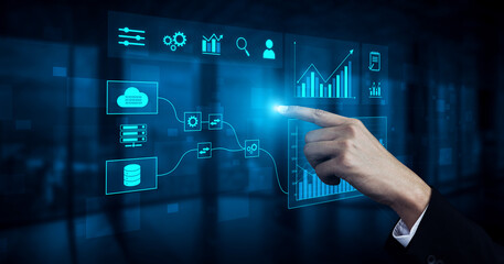Poster - Data flow from database and cloud to processing and analytics dashboards, representing data analysis, automation, insight generation, and digital intelligence Vouch