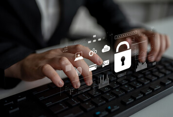 Poster - Digital cyber security lock system highlighting data security encryption, cyber password protection, fingerprint ID, cloud storage safety, and cyber security for online access Latch