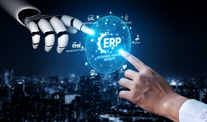 Poster - AI optimizes ERP platforms with centralized dashboards, automated data flow, and smart tools for managing finance, inventory, and enterprise resource planning. Artificial intelligence spline