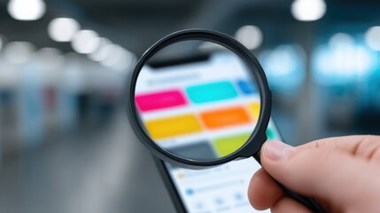 Poster - A person is holding a magnifying glass over a phone screen