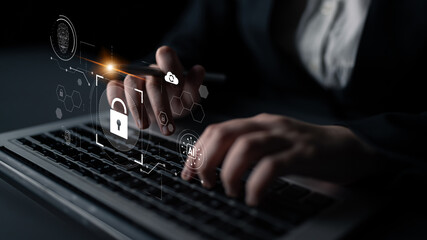Poster - AI cyber security system using biometric authentication and privacy control. Cyber security protects identity, cybersecurity detects threats, cybersecurity ensures safety, and secures data. Latch