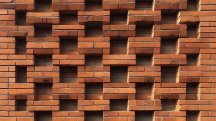 Poster - Textured brick wall revealing geometric pattern through protruding and recessed architectural elements, highlighting contemporary building surface design