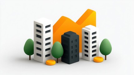 Poster - A cityscape with buildings and trees, with a yellow coin on the ground