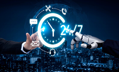 Poster - AI artificial intelligence supports 24-hour customer service with virtual assistants, real-time chat, and intelligent support tools ensuring fast, accurate, and satisfying experiences. Vouch