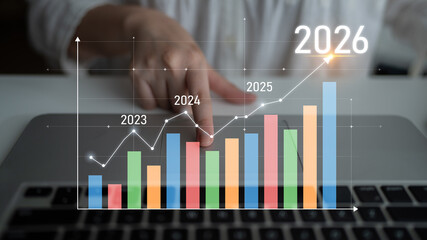 Poster - Business growth forecast highlights increasing trends new year 2026. Growth forecast data, growth forecast strategy, and growth forecast planning are key elements. Latch