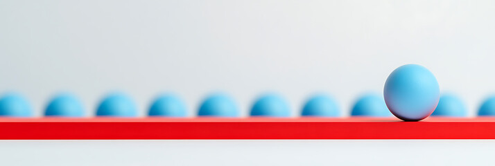 Poster - Standing Out: One blue sphere stands out from the row of spheres on a red line, representing uniqueness and individuality, against a bright background.